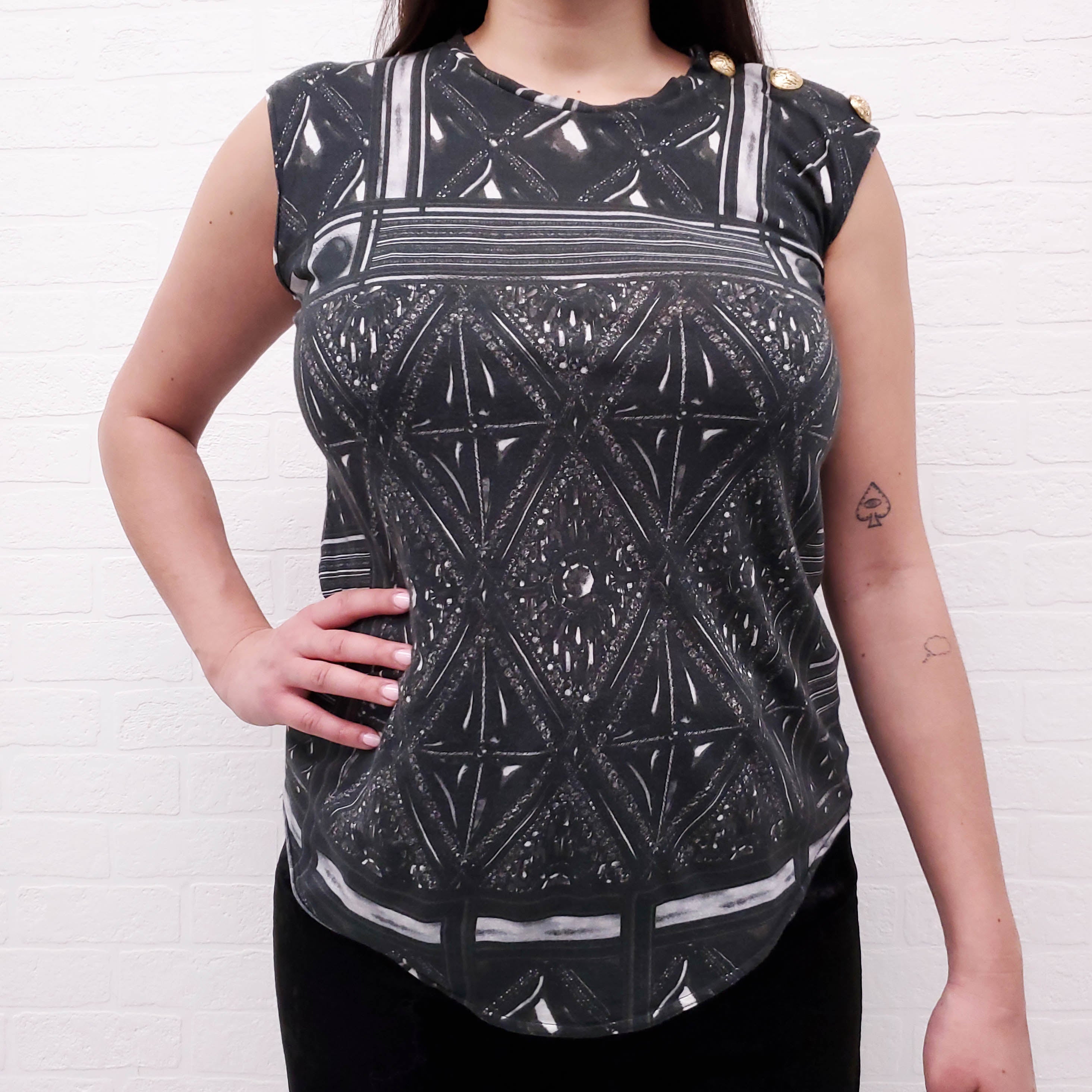BALMAIN PATTERNED TANK WITH GOLD BUTTONS - SIZE 38