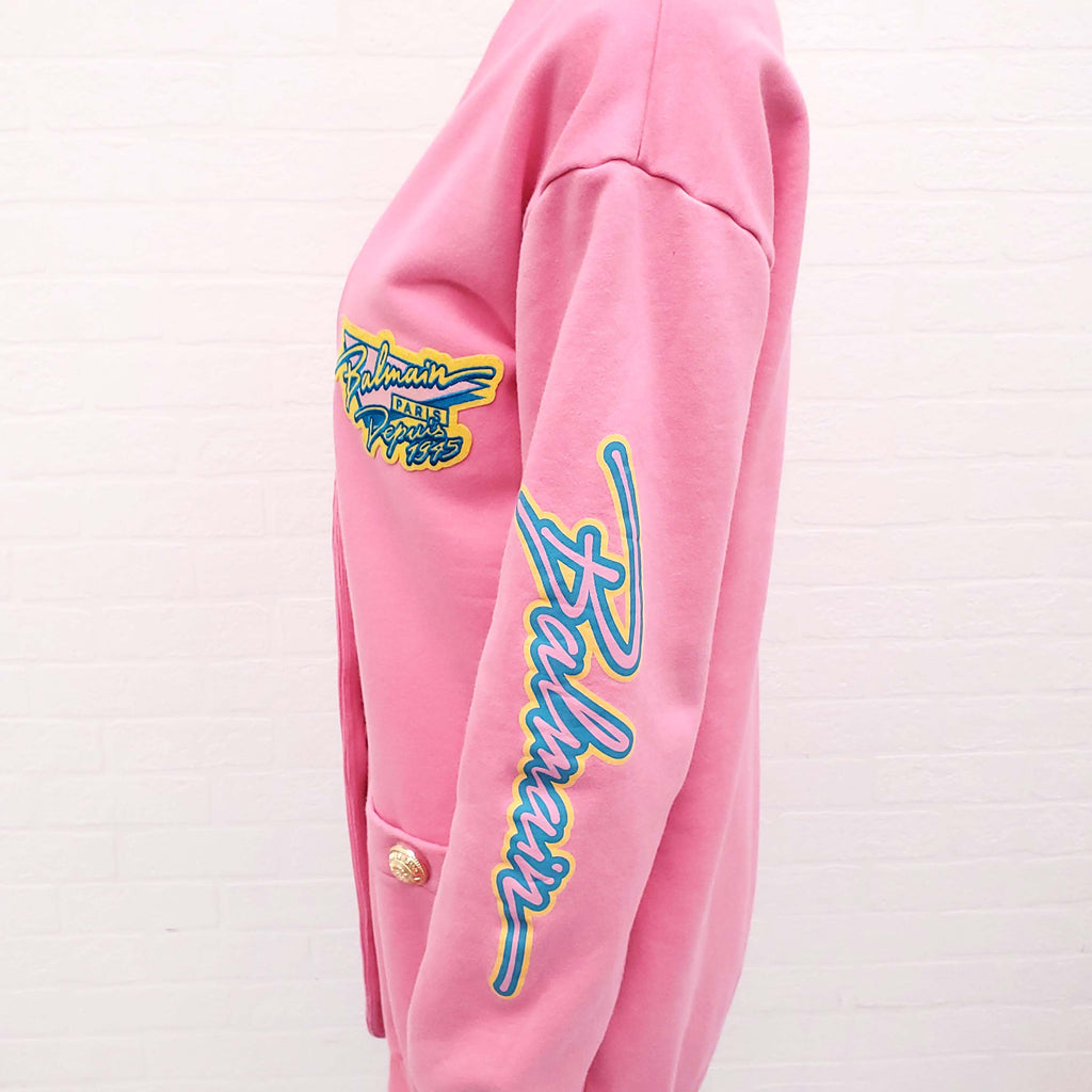 BALMAIN PINK OVERSIZED SWEATSHIRT CARDIGAN WITH LOGO BUTTONS - SIZE 36