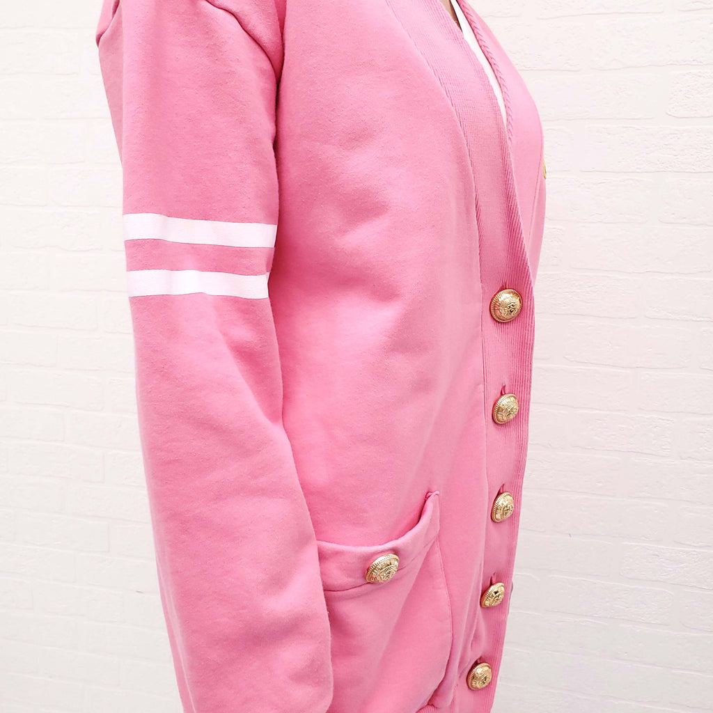 BALMAIN PINK OVERSIZED SWEATSHIRT CARDIGAN WITH LOGO BUTTONS - SIZE 36