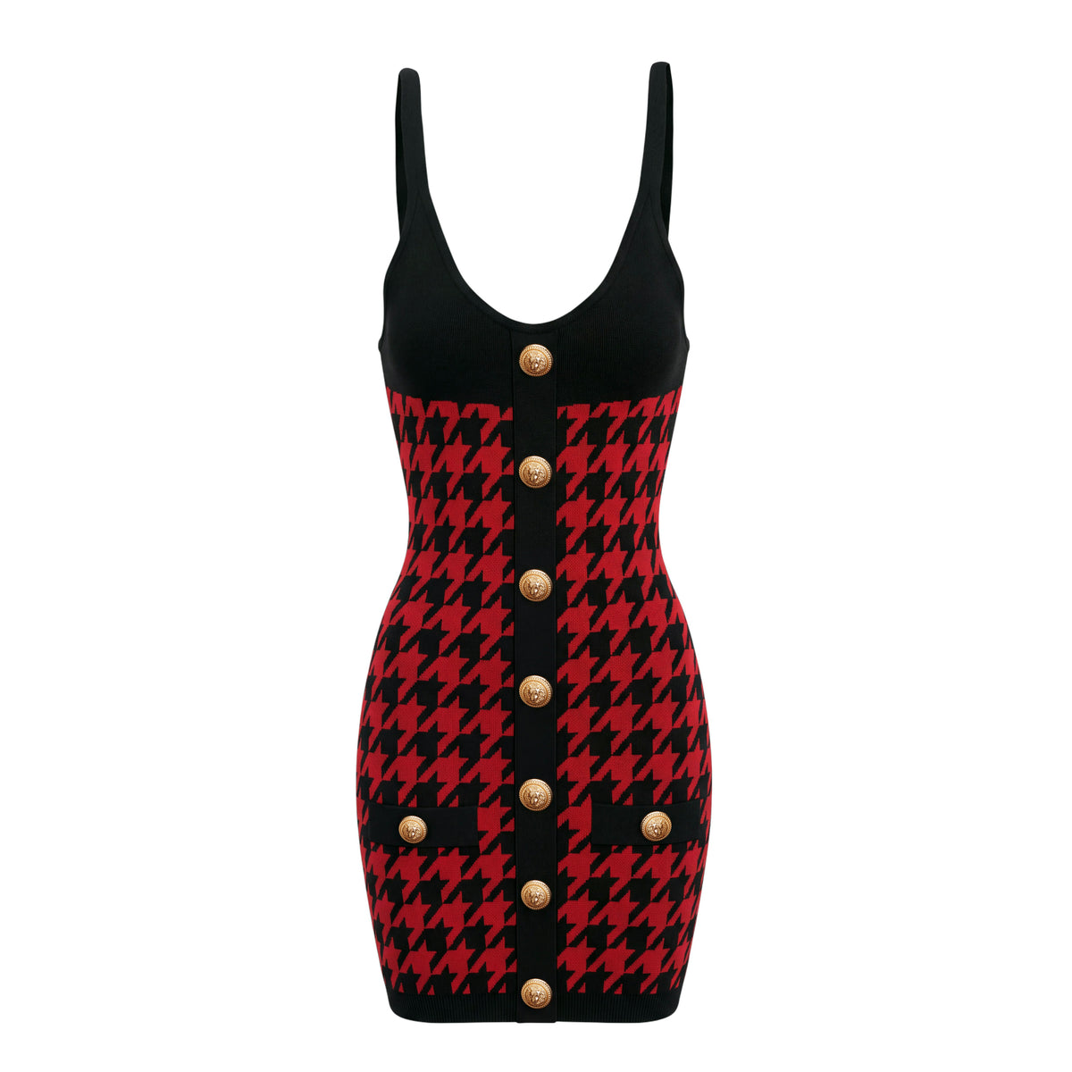 BALMAIN RED AND BLACK HOUNDSTOOTH JACQUARD KNIT MINI DRESS - SIZE 34