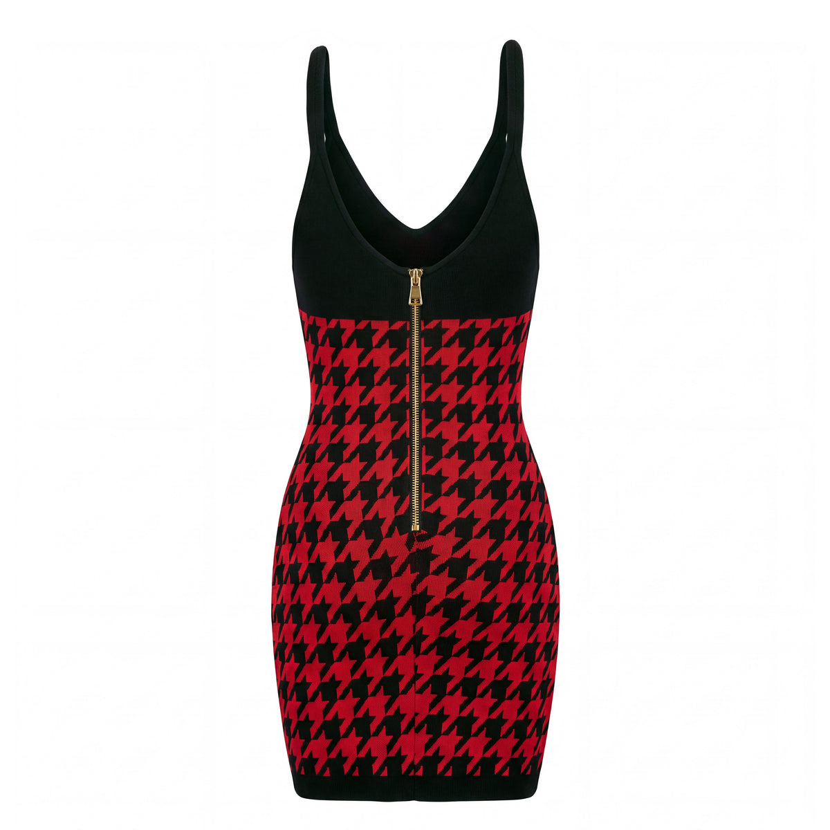BALMAIN RED AND BLACK HOUNDSTOOTH JACQUARD KNIT MINI DRESS - SIZE 34