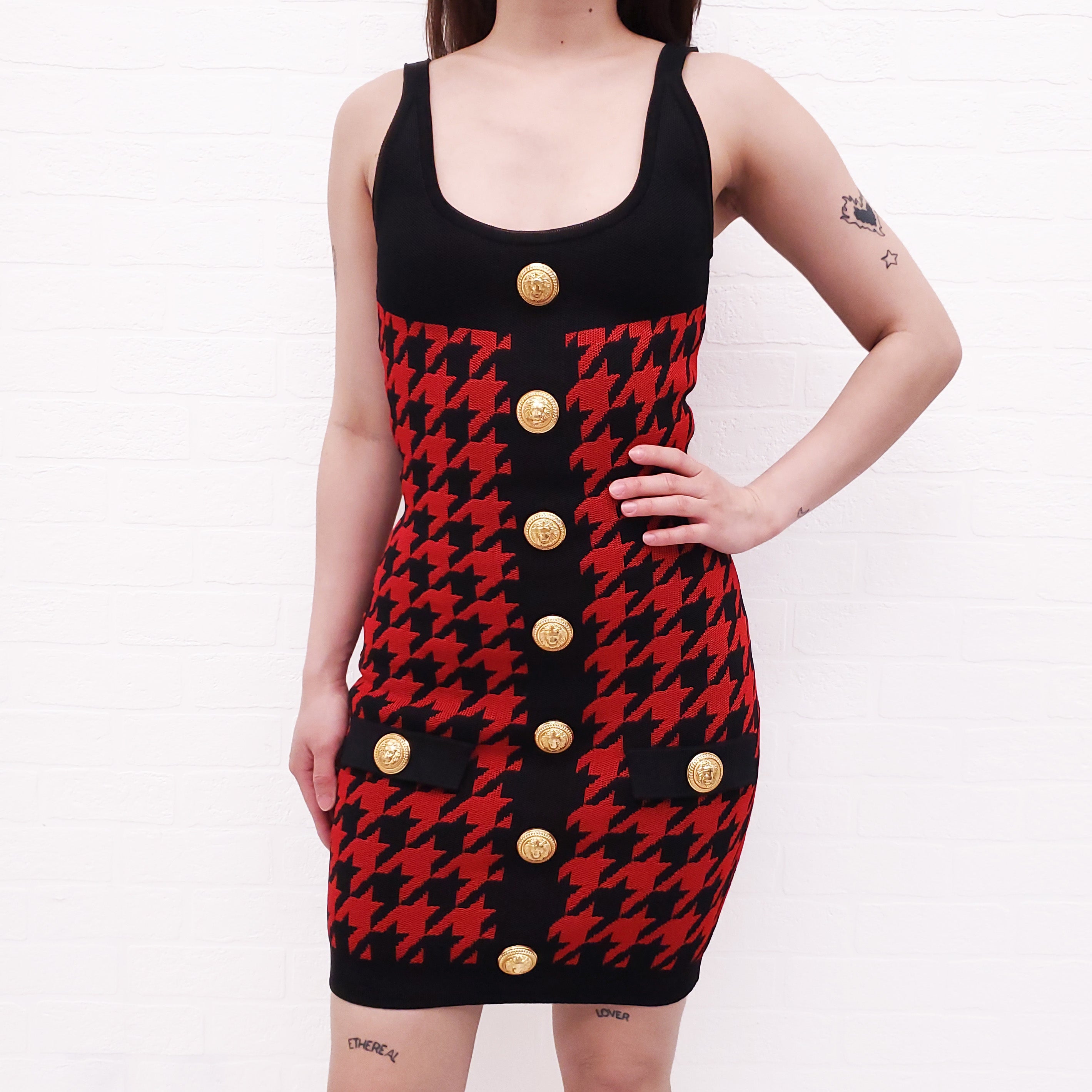 BALMAIN RED AND BLACK HOUNDSTOOTH JACQUARD KNIT MINI DRESS - SIZE 34
