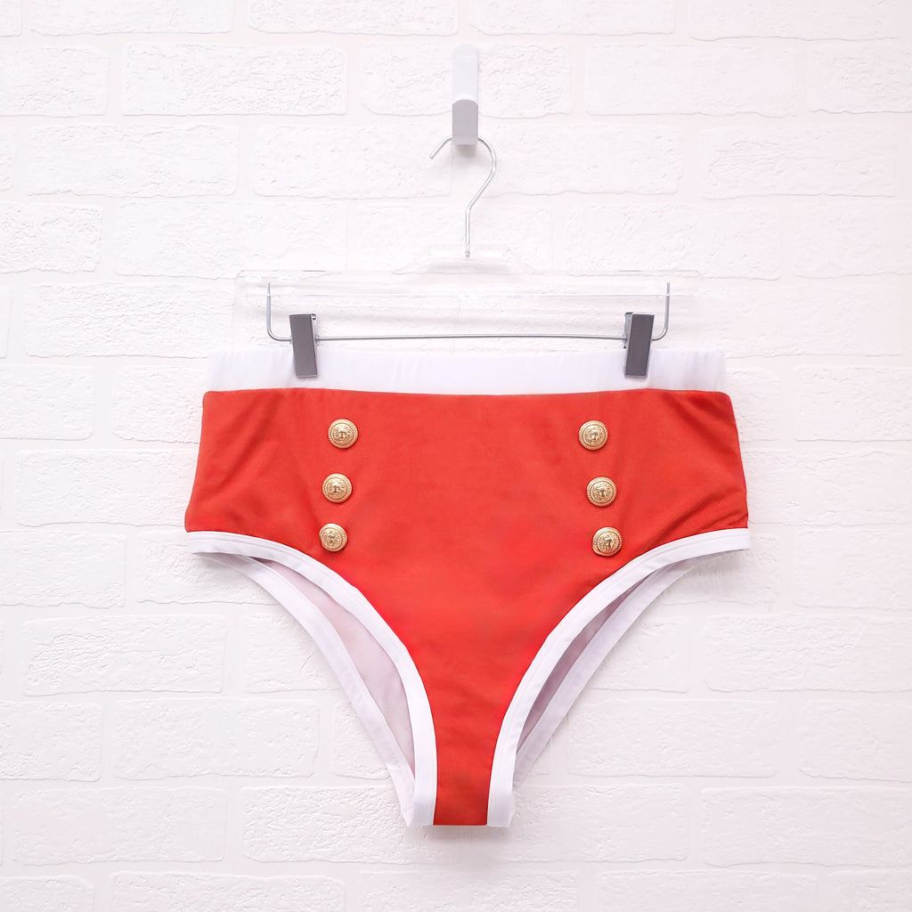 BALMAIN RED AND WHITE 2-PIECE BATHING SUIT WITH LOGO BUTTONS - SIZE 46