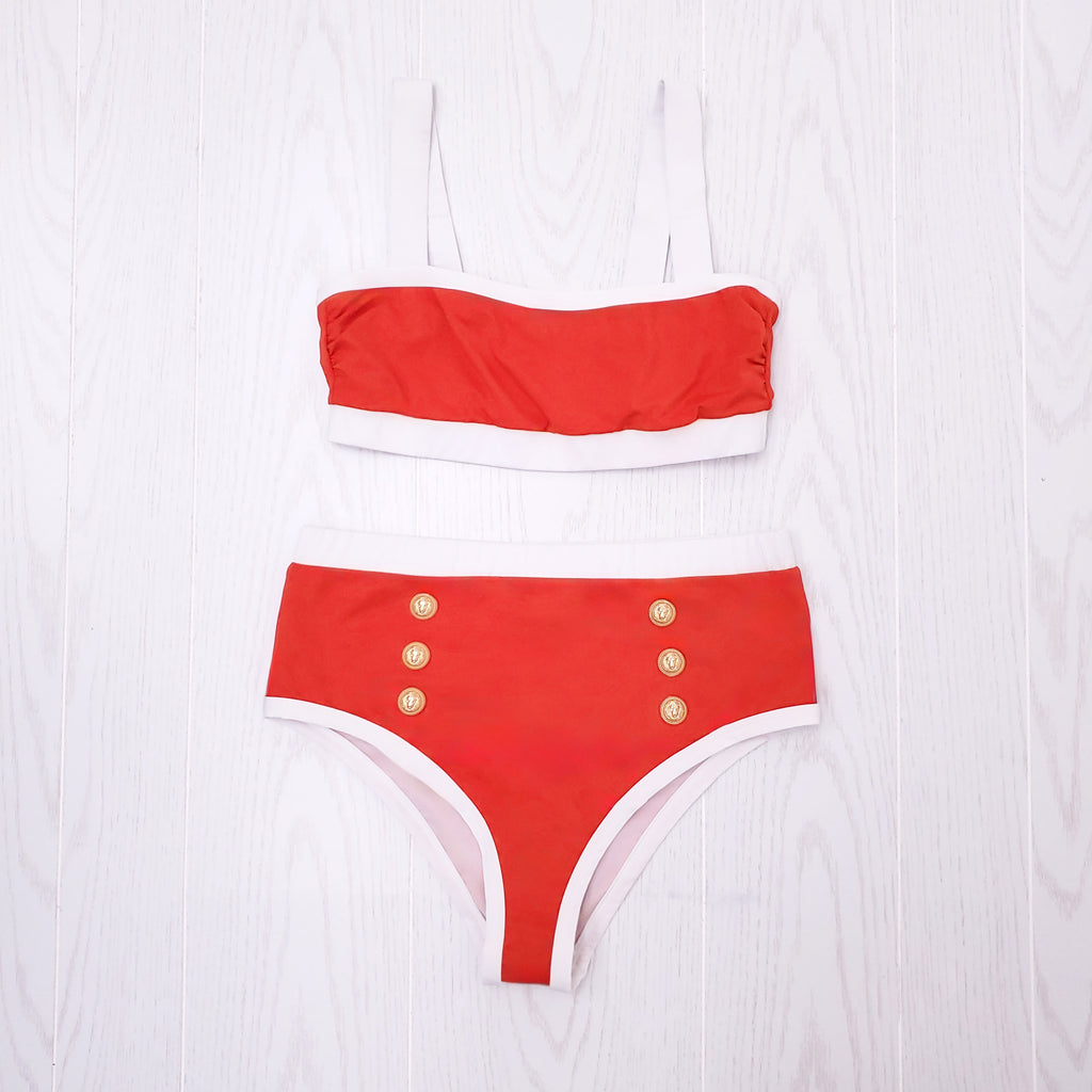 BALMAIN RED AND WHITE 2-PIECE BATHING SUIT WITH LOGO BUTTONS - SIZE 46