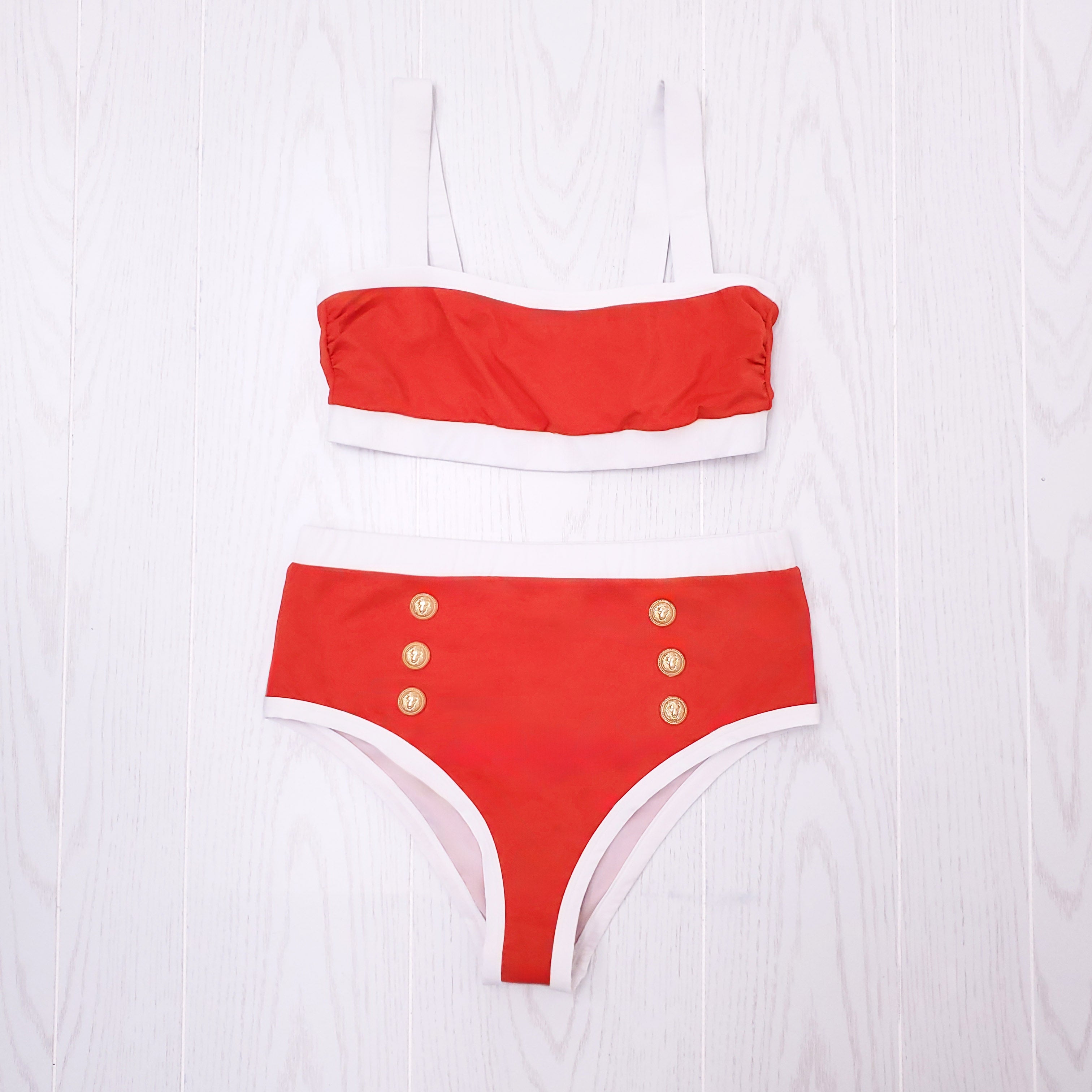BALMAIN RED AND WHITE 2-PIECE BATHING SUIT WITH LOGO BUTTONS - SIZE 46
