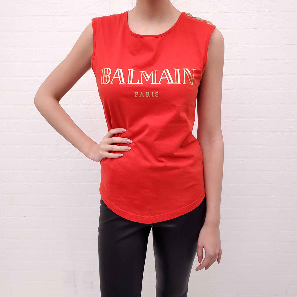 BALMAIN RED LOGO SLEEVELESS TOP WITH LOGO BUTTONS - SIZE XS