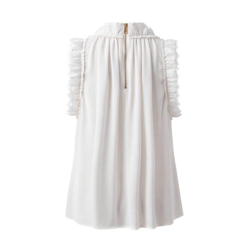 BALMAIN SILK CREAM BLOUSE WITH LACE RUFFLE DETAIL - SIZE 38