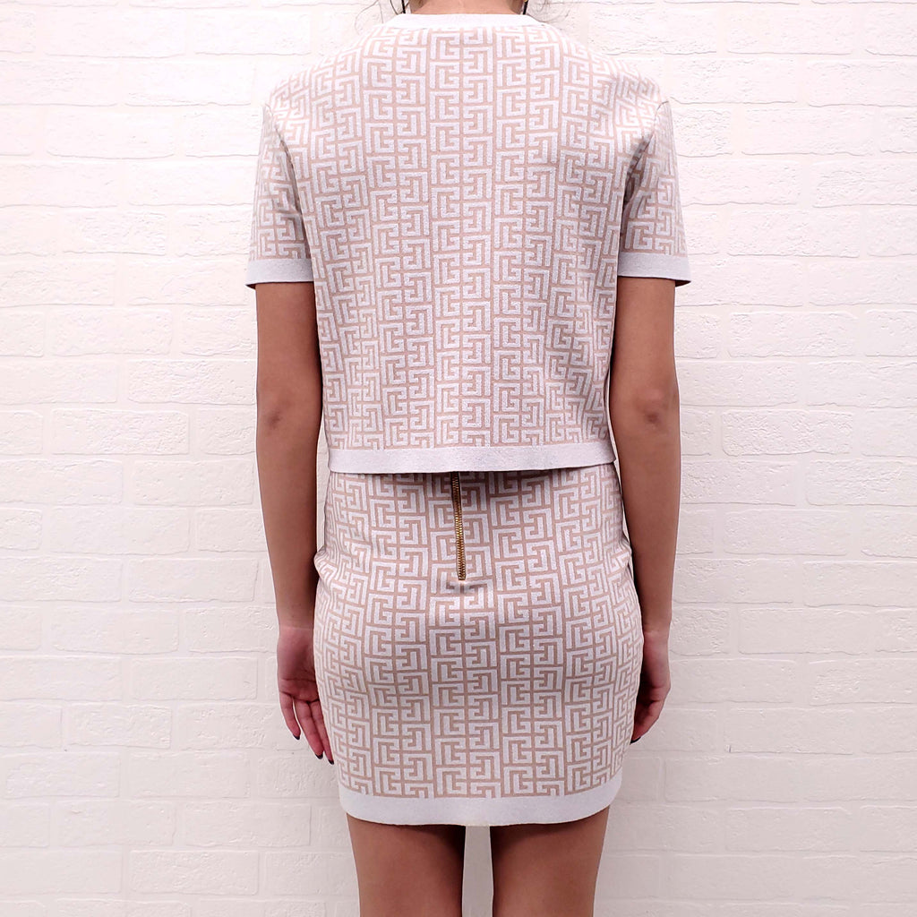 BALMAIN SILVER AND BRONZE LOGO PATTERNED SKIRT SET - SIZE 42