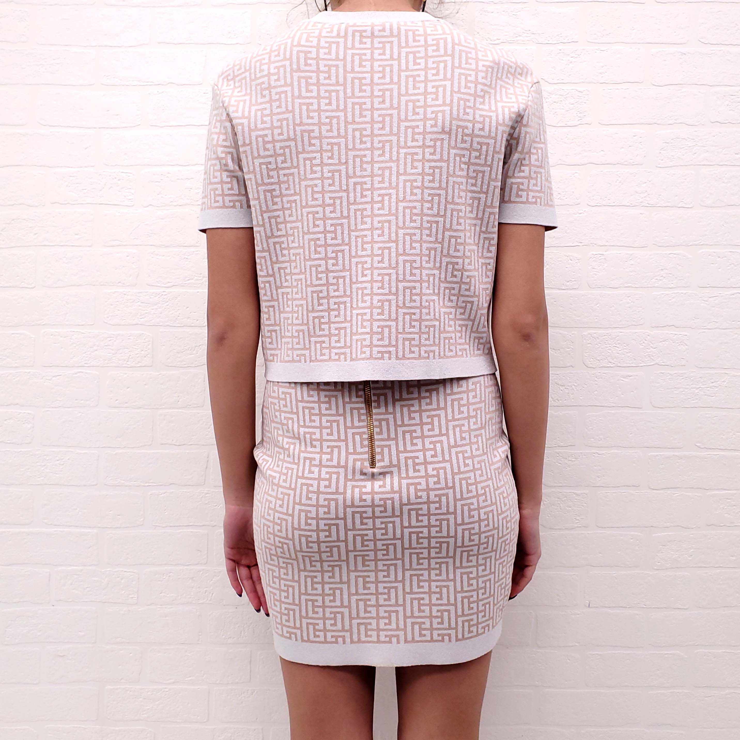 BALMAIN SILVER AND BRONZE LOGO PATTERNED SKIRT SET - SIZE 42