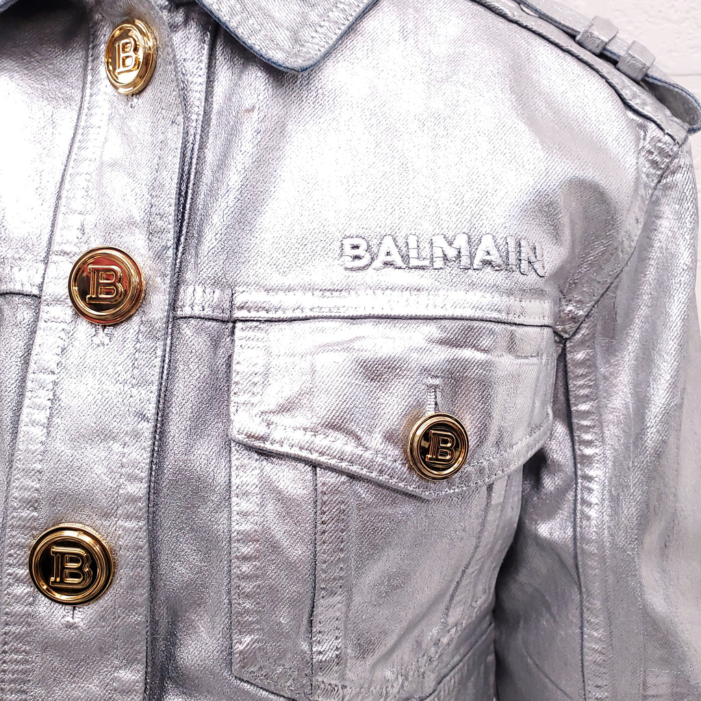 BALMAIN SILVER CROPPED DENIM JACKET - SIZE 36