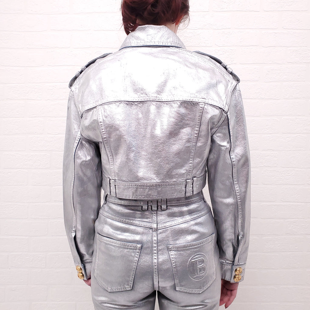 BALMAIN SILVER CROPPED DENIM JACKET - SIZE 36