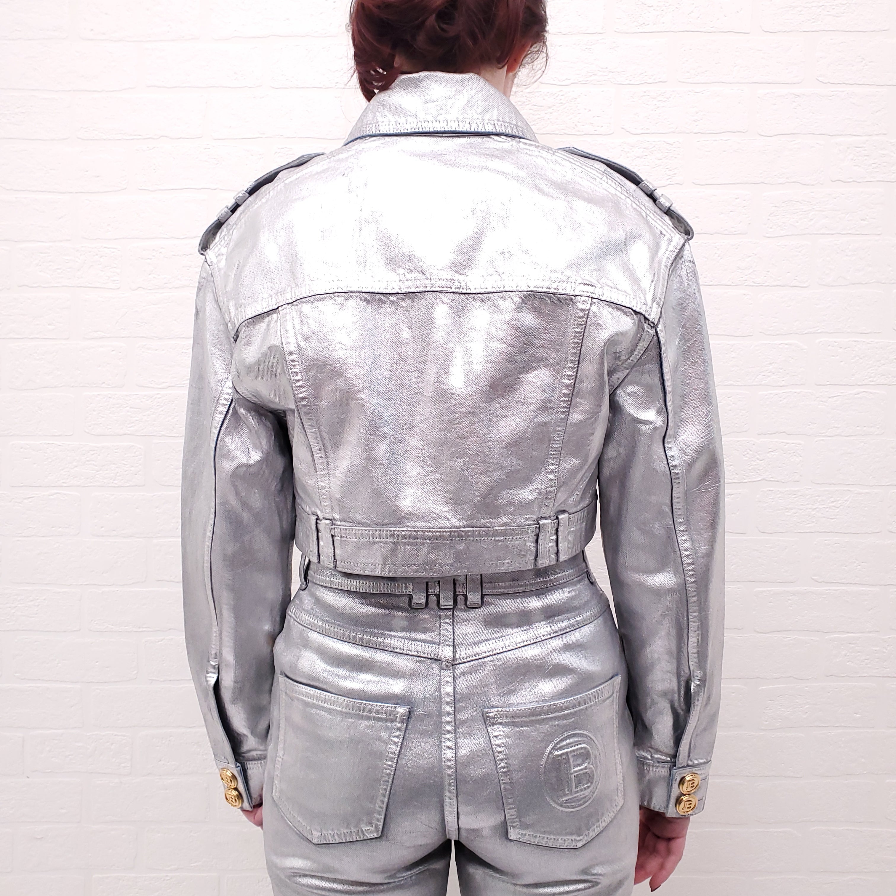 BALMAIN SILVER CROPPED DENIM JACKET - SIZE 36