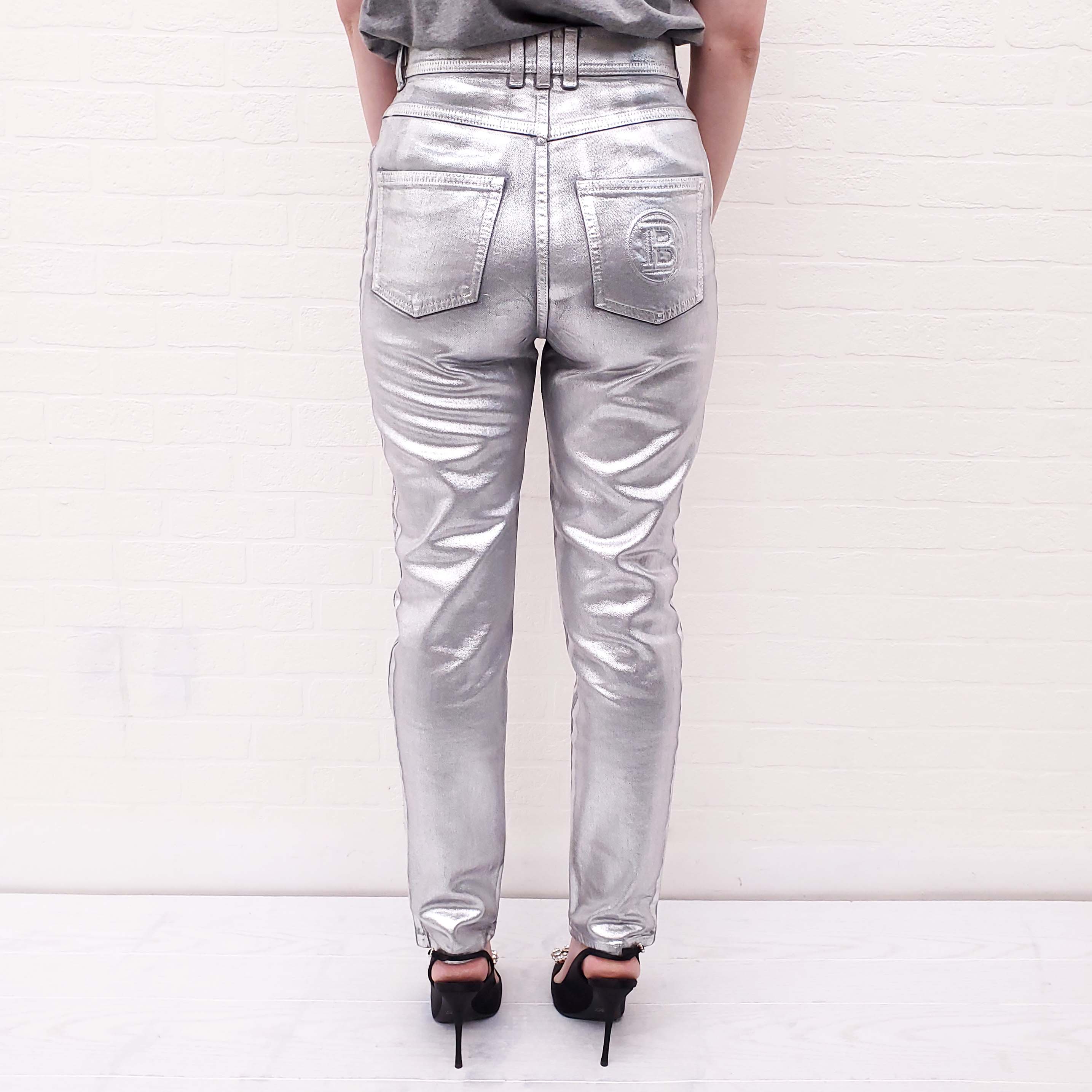 BALMAIN SILVER JEANS WITH GOLD LOGO - SIZE 38