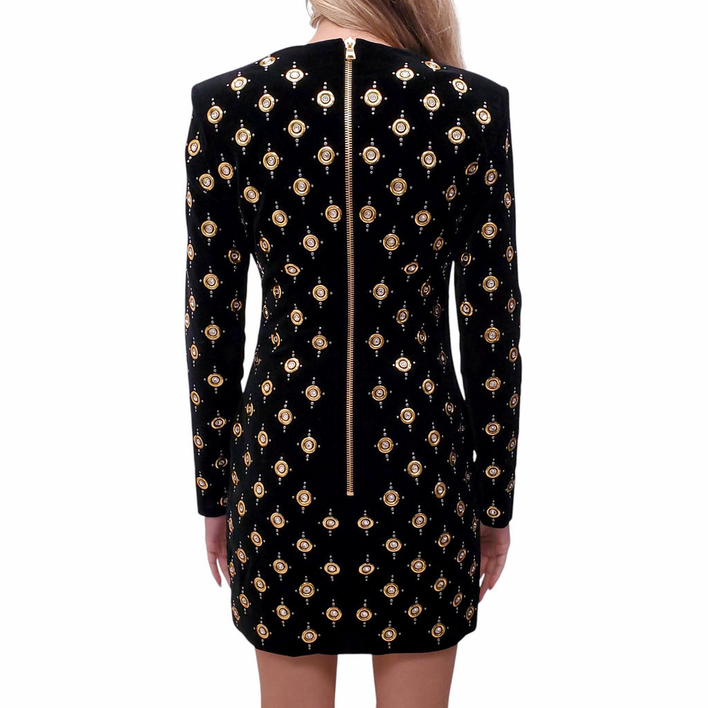 BALMAIN VELVET MINI DRESS WITH CRYSTAL DETAILS - SIZE 38