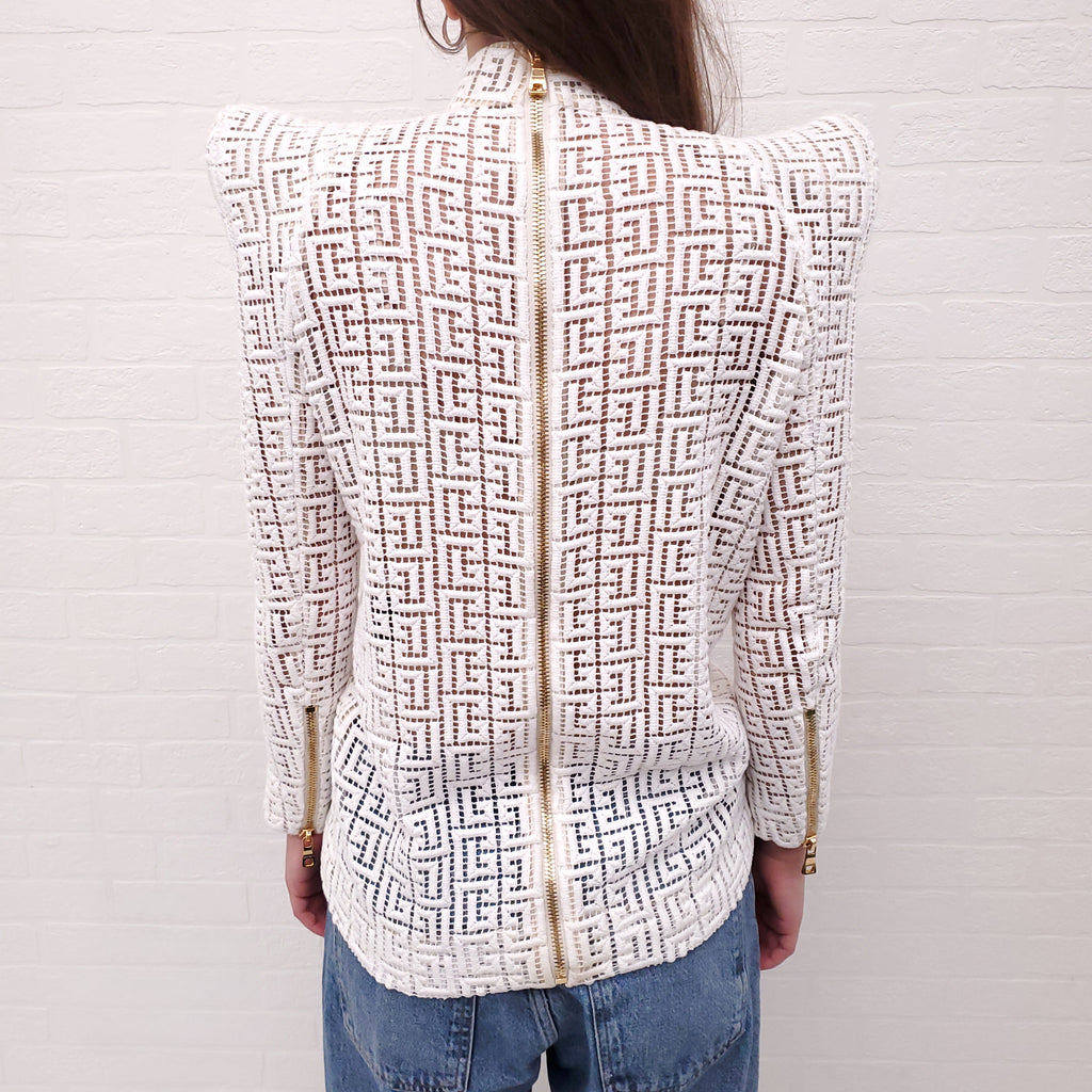 BALMAIN WHITE LOGO EYELET TOP WITH EXAGGERATED SHOULDERS - SIZE 34