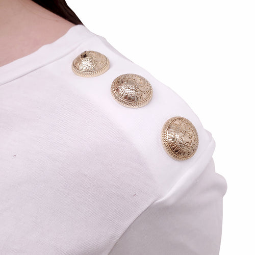 BALMAIN WHITE LOGO T-SHIRT WITH GOLD LOGO BUTTONS - SIZE 38