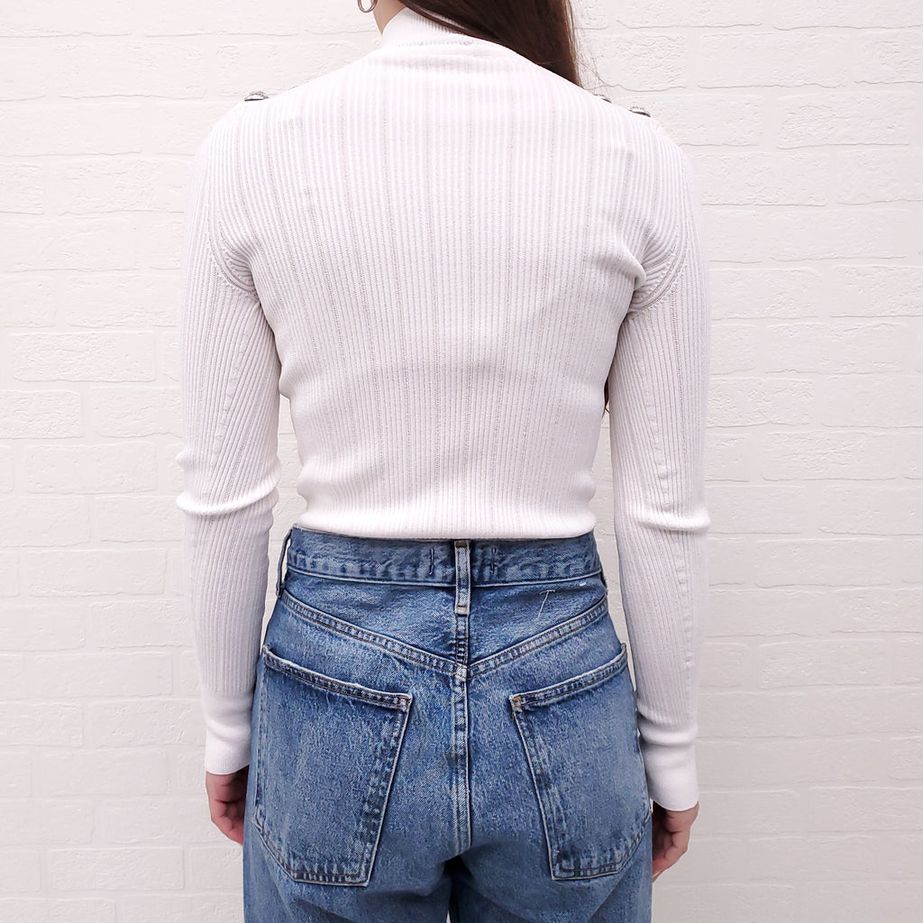 BALMAIN WHITE MOCK TURTLENECK KNIT BODYSUIT WITH SILVER BUTTONS - SIZE 36