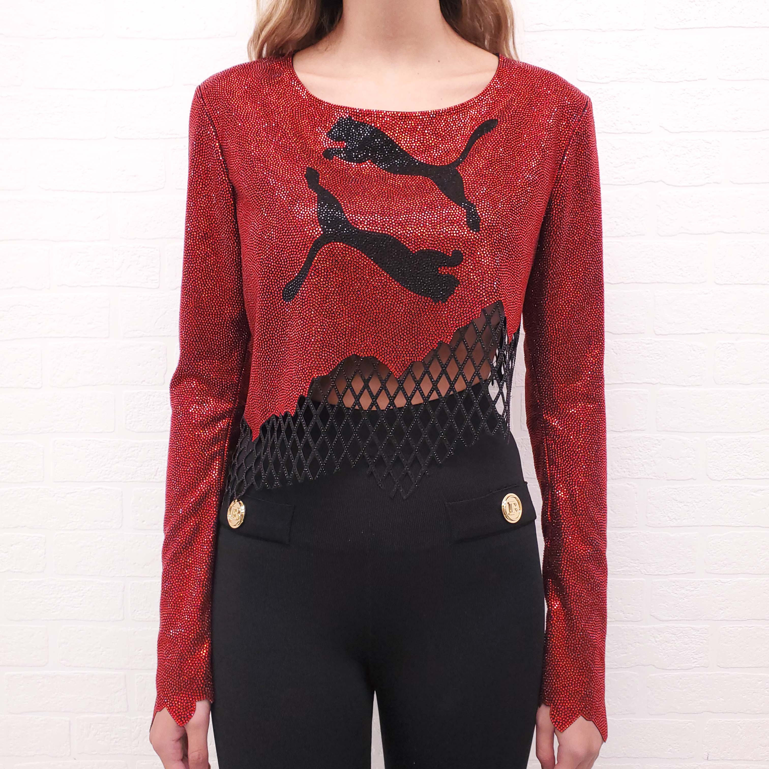 BALMAIN X PUMA ASYMMETRICAL RHINESTONE CROP TOP - SIZE S