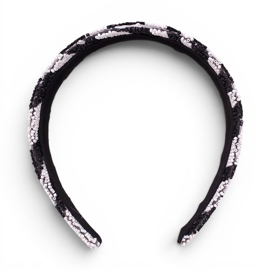 BLACK AND WHITE ZEBRA PATTERNED BEADED HEADBAND