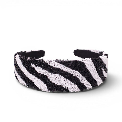 BLACK AND WHITE ZEBRA PATTERNED BEADED HEADBAND