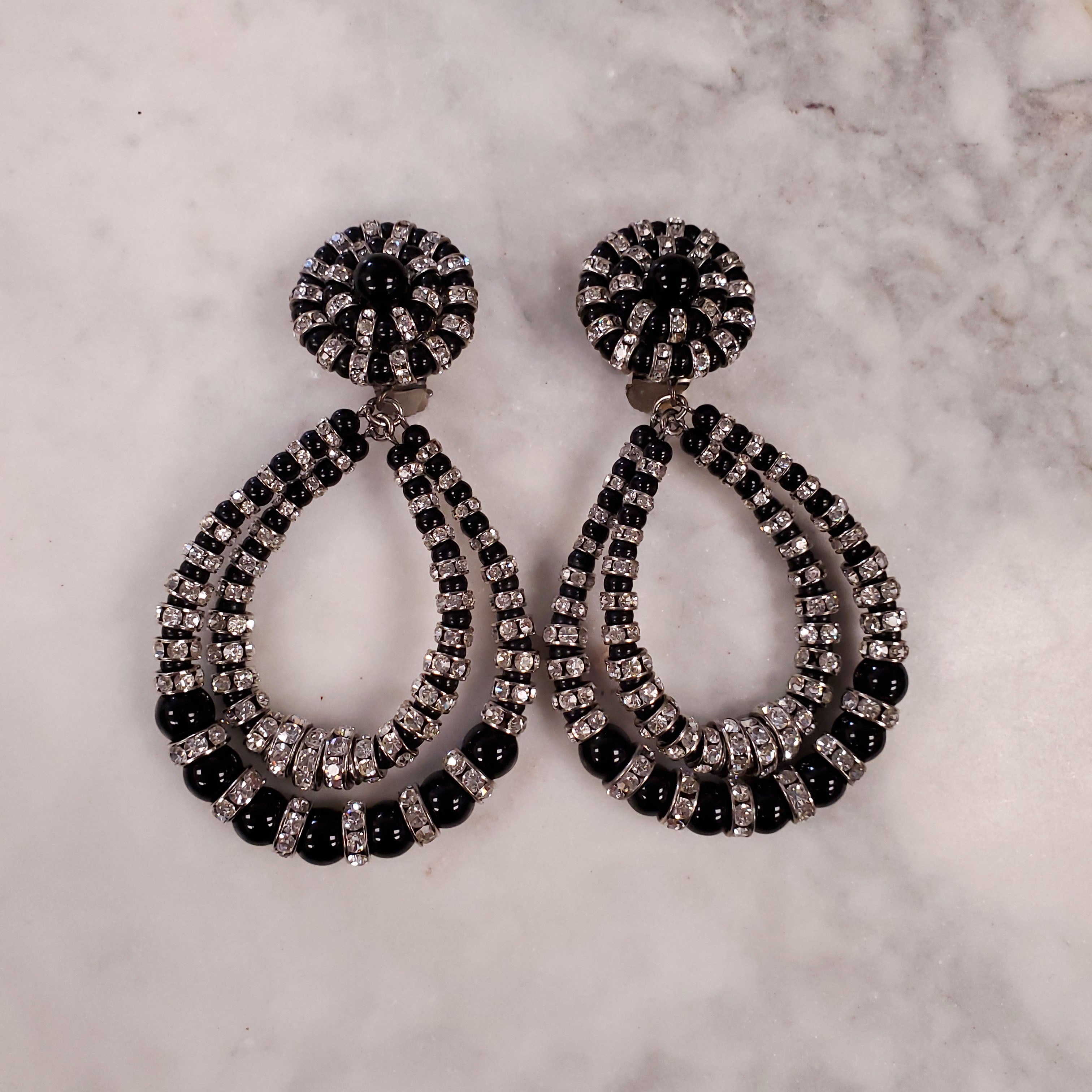 BLACK RODELL AND DIAMANTE ONE DROP AND DOUBLE HOOP EARRINGS