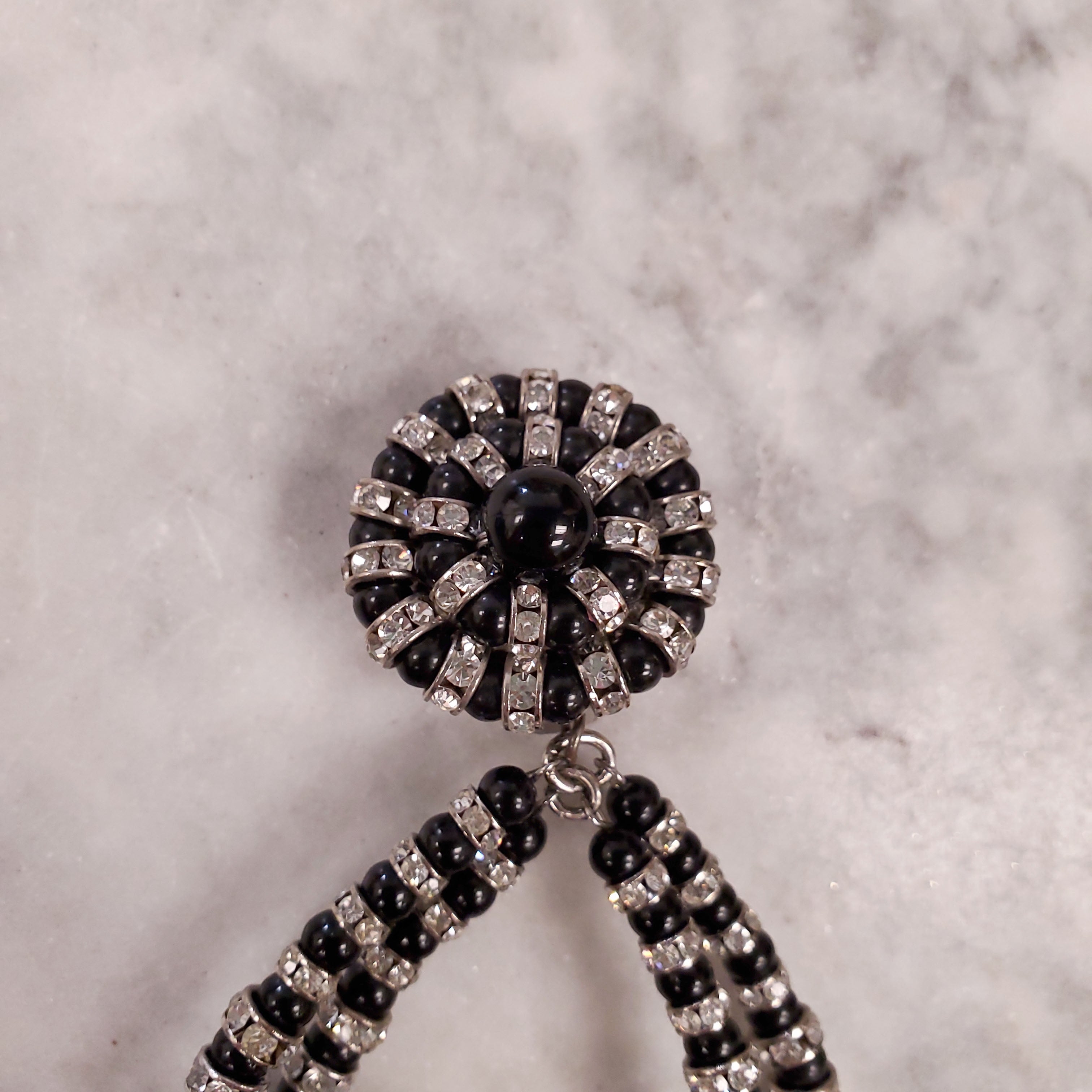 BLACK RODELL AND DIAMANTE ONE DROP AND DOUBLE HOOP EARRINGS