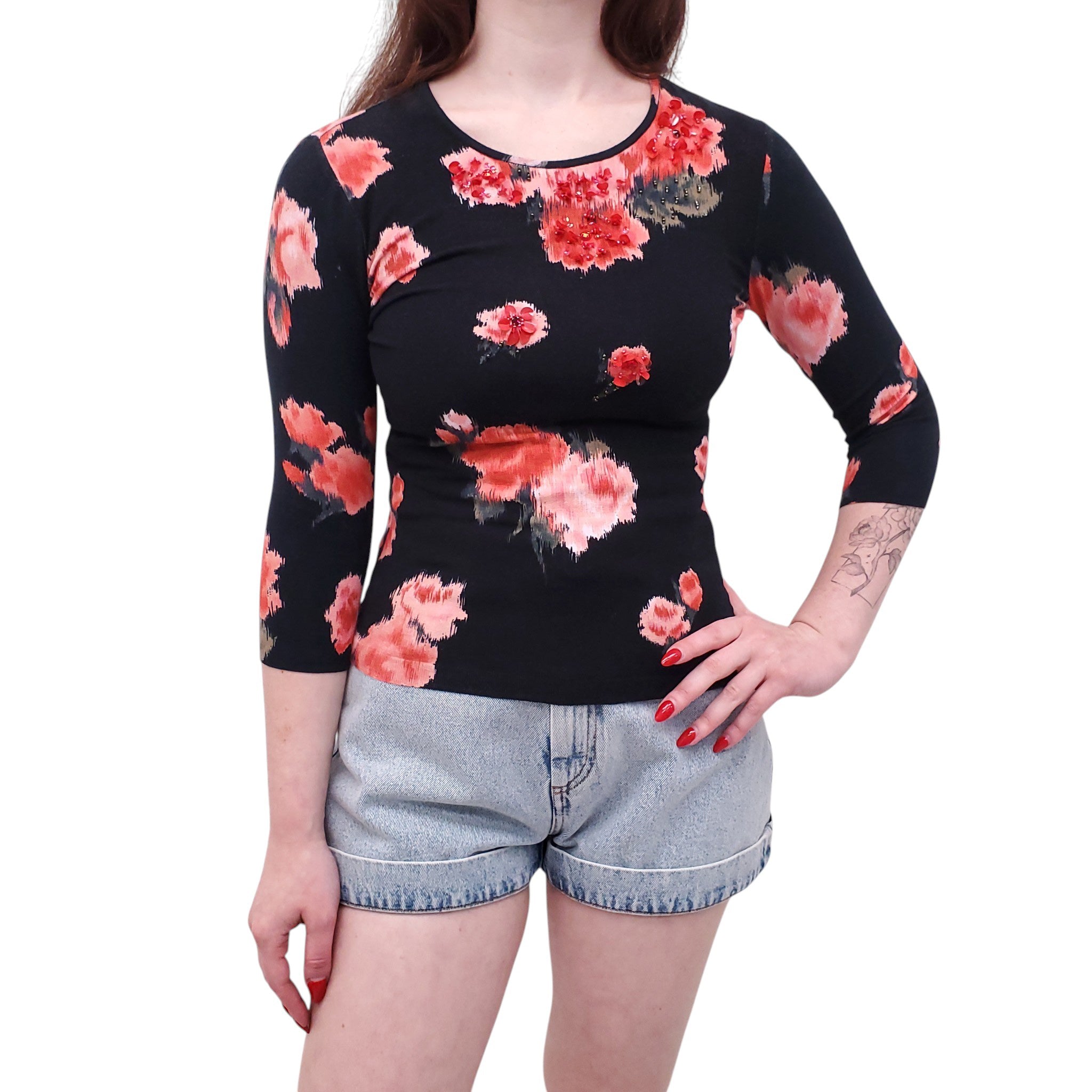 BLUMARINE BLACK AND PINK FLORAL EMBROIDERED TOP - SIZE 2