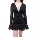 BLUMARINE BLACK ROUCHED LONG SLEEVE MINI DRESS - SIZE 0