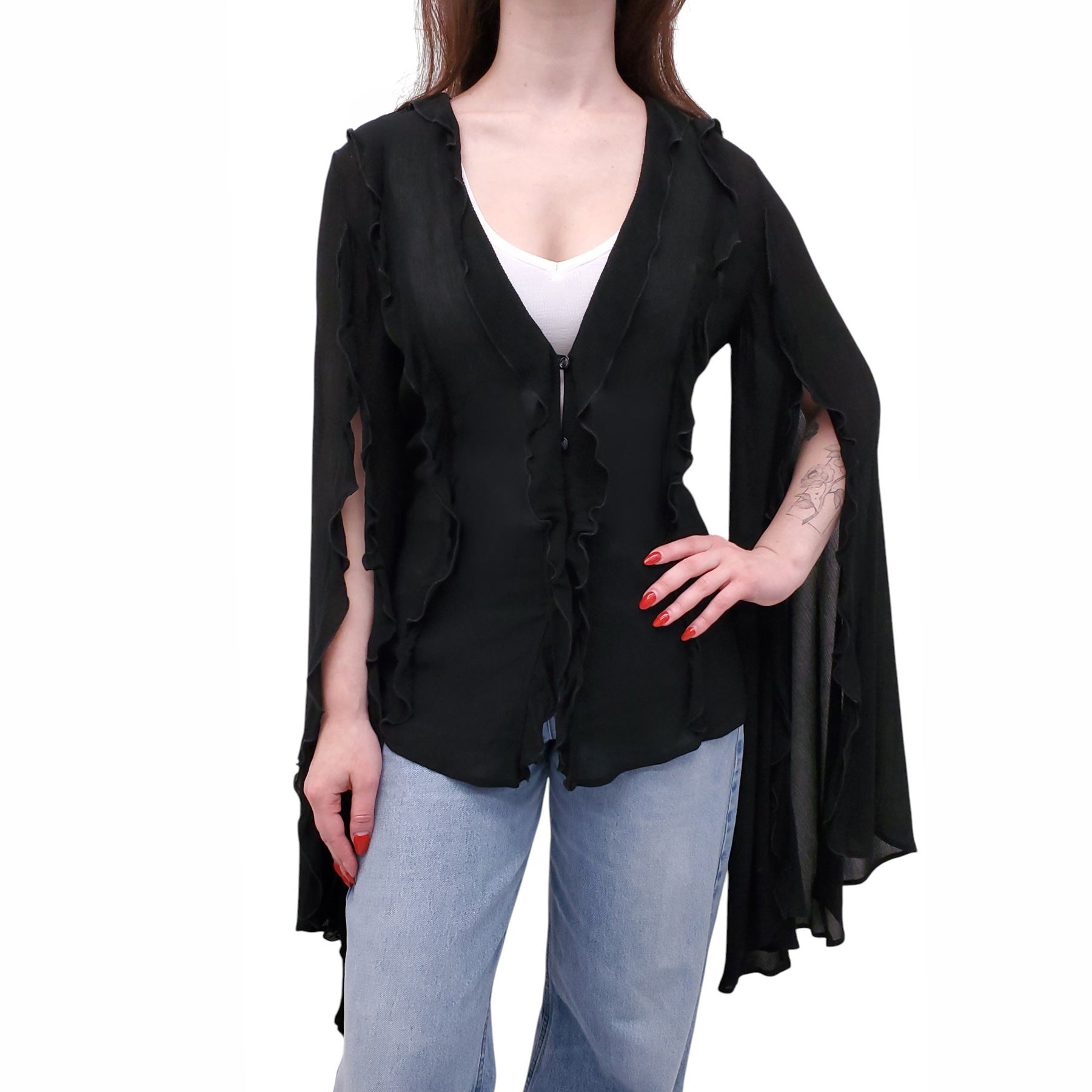 BLUMARINE BLACK RUFFLE BLOUSE WITH BELL SLEEVES - SIZE 4