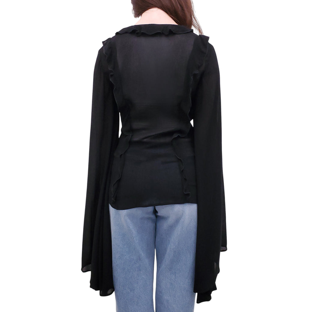 BLUMARINE BLACK RUFFLE BLOUSE WITH BELL SLEEVES - SIZE 4