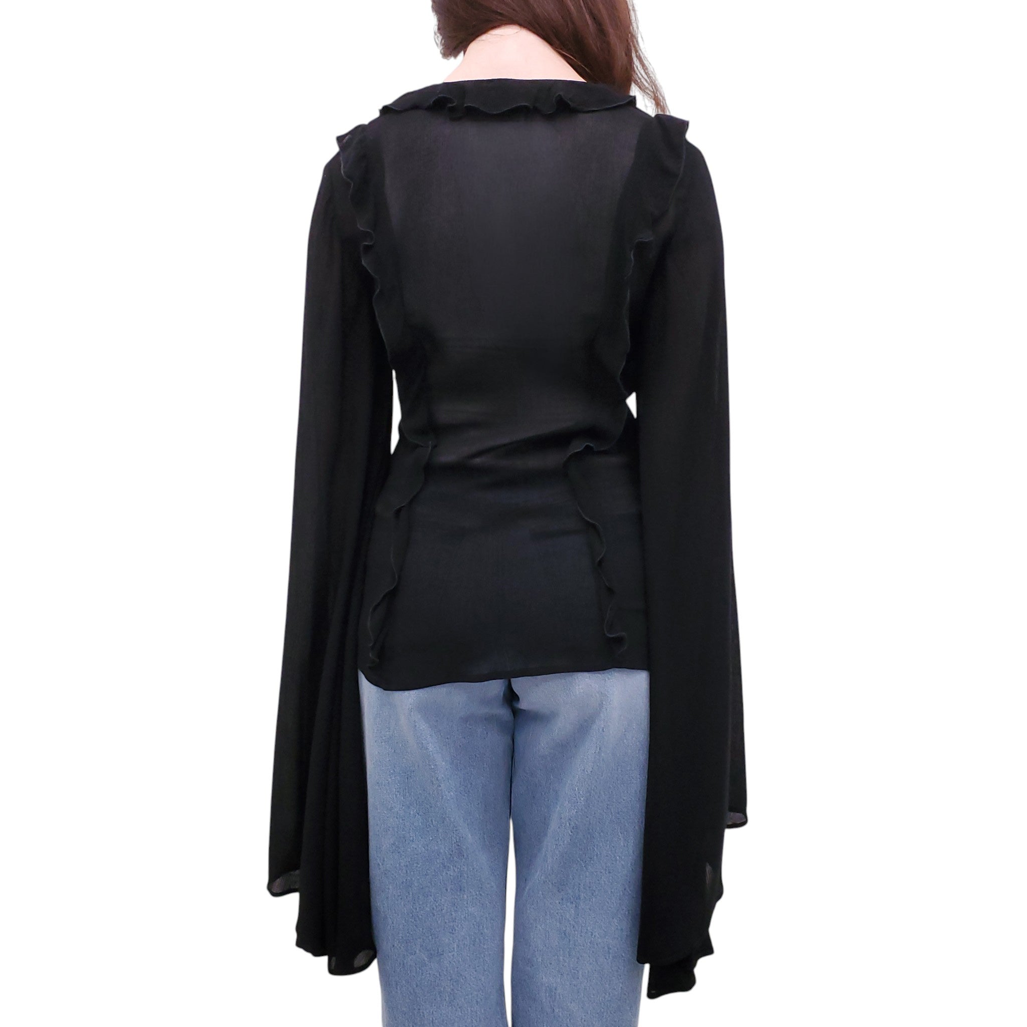 BLUMARINE BLACK RUFFLE BLOUSE WITH BELL SLEEVES - SIZE 4