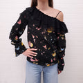 BLUMARINE BLACK RUFFLE OFF THE SHOULDER BUTTERFLY PRINT BLOUSE - SIZE 40