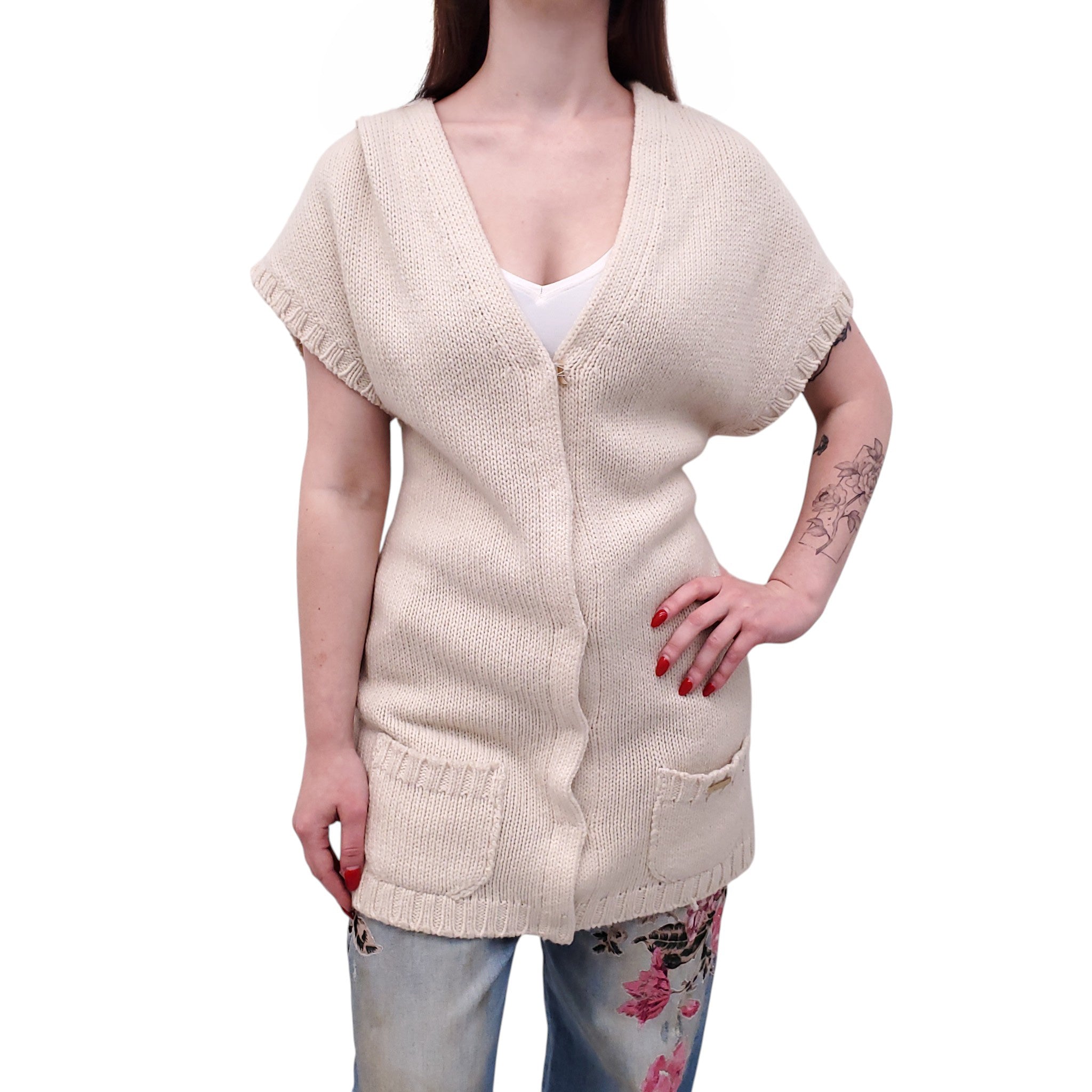 BLUMARINE CREAM CASHMERE VEST WITH BELT DETAIL - SIZE 8