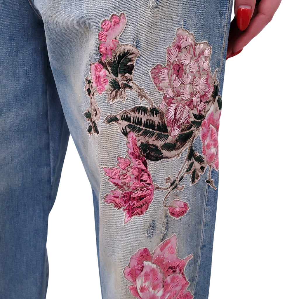 BLUMARINE FLORAL EMBROIDERED DISTRESSED JEANS - SIZE 8