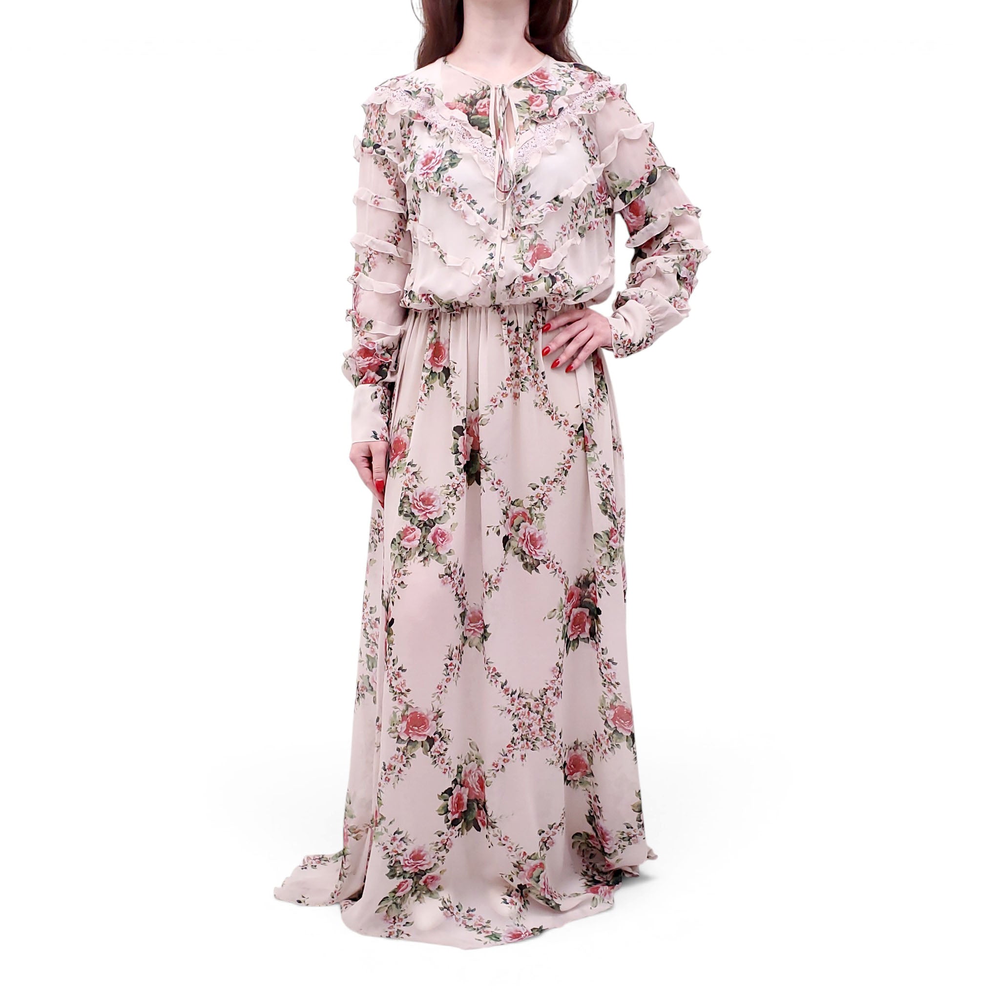 BLUMARINE PINK FLORAL RUFFLE LONG SLEEVE MAXI DRESS - SIZE 10