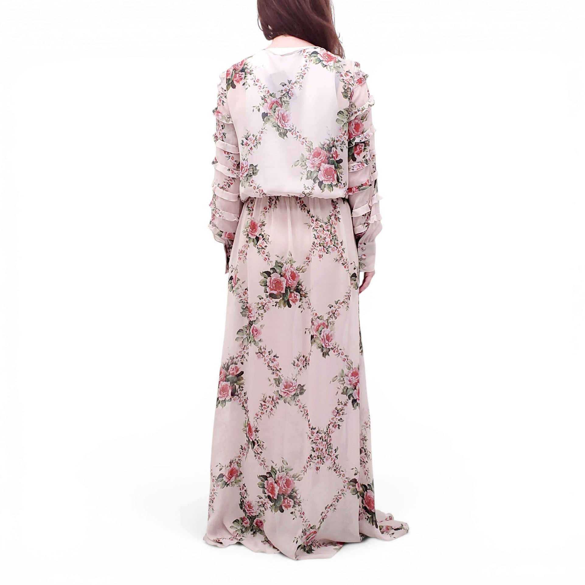 BLUMARINE PINK FLORAL RUFFLE LONG SLEEVE MAXI DRESS - SIZE 10