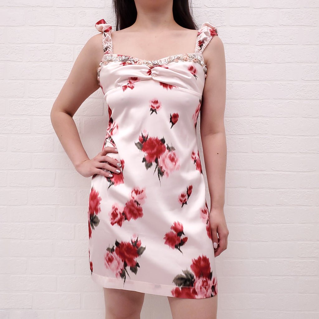 BLUMARINE PINK ROSE PRINT DRESS WITH BEADING - SIZE 42