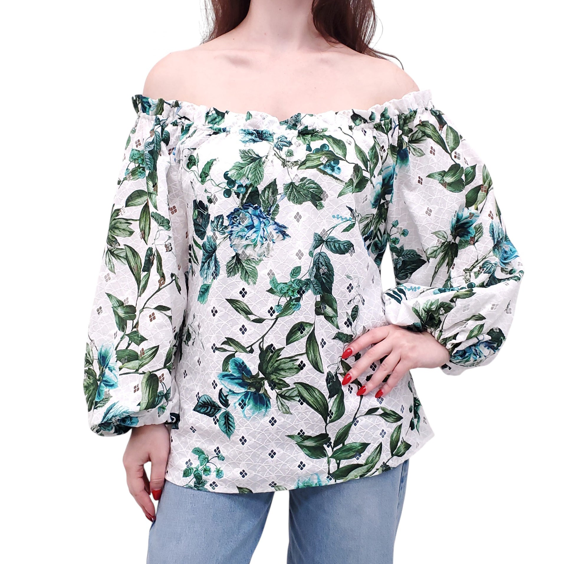 BLUMARINE WHITE AND BLUE FLORAL OFF THE SHOULDER TOP - SIZE 2