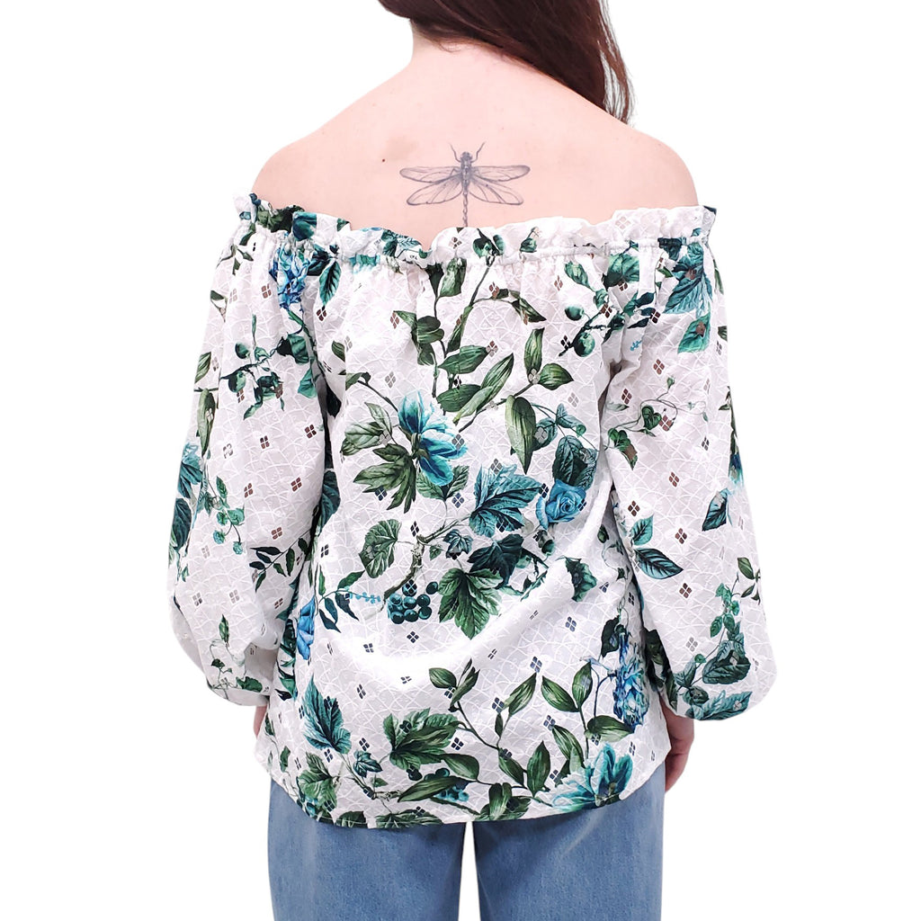BLUMARINE WHITE AND BLUE FLORAL OFF THE SHOULDER TOP - SIZE 2
