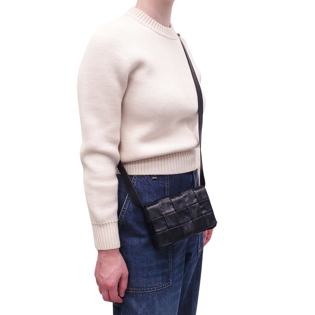 BOTTEGA VENETA BLACK INTRECCIO CASETTE CROSSBODY BAG