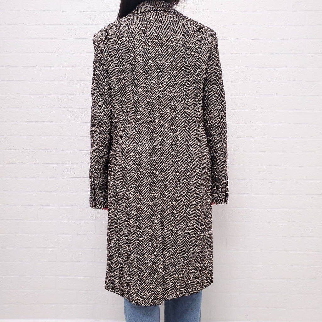 BOTTEGA VENETA BROWN HERRINGBONE LONG COAT WITH TRIANGLE POCKET - SIZE 38