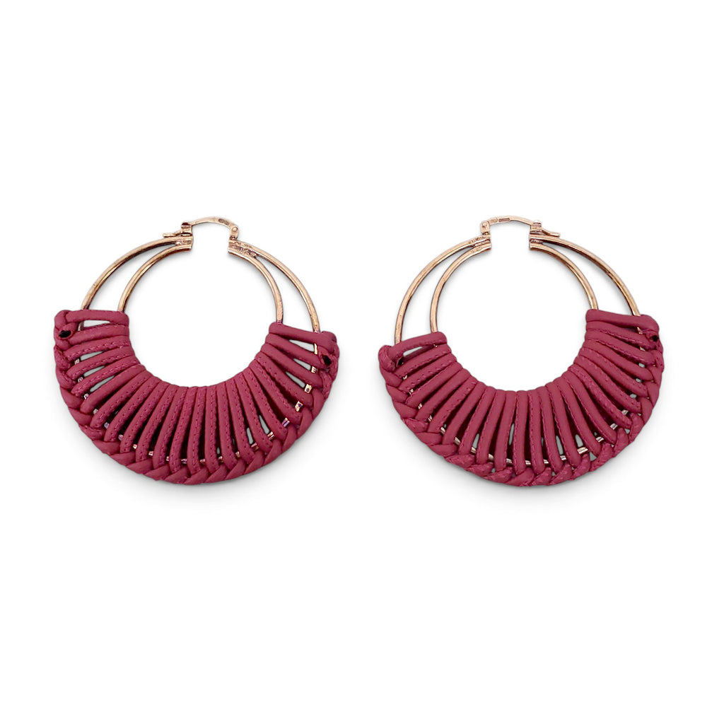 BOTTEGA VENETA BURGUNDY WOVEN HOOP EARRINGS