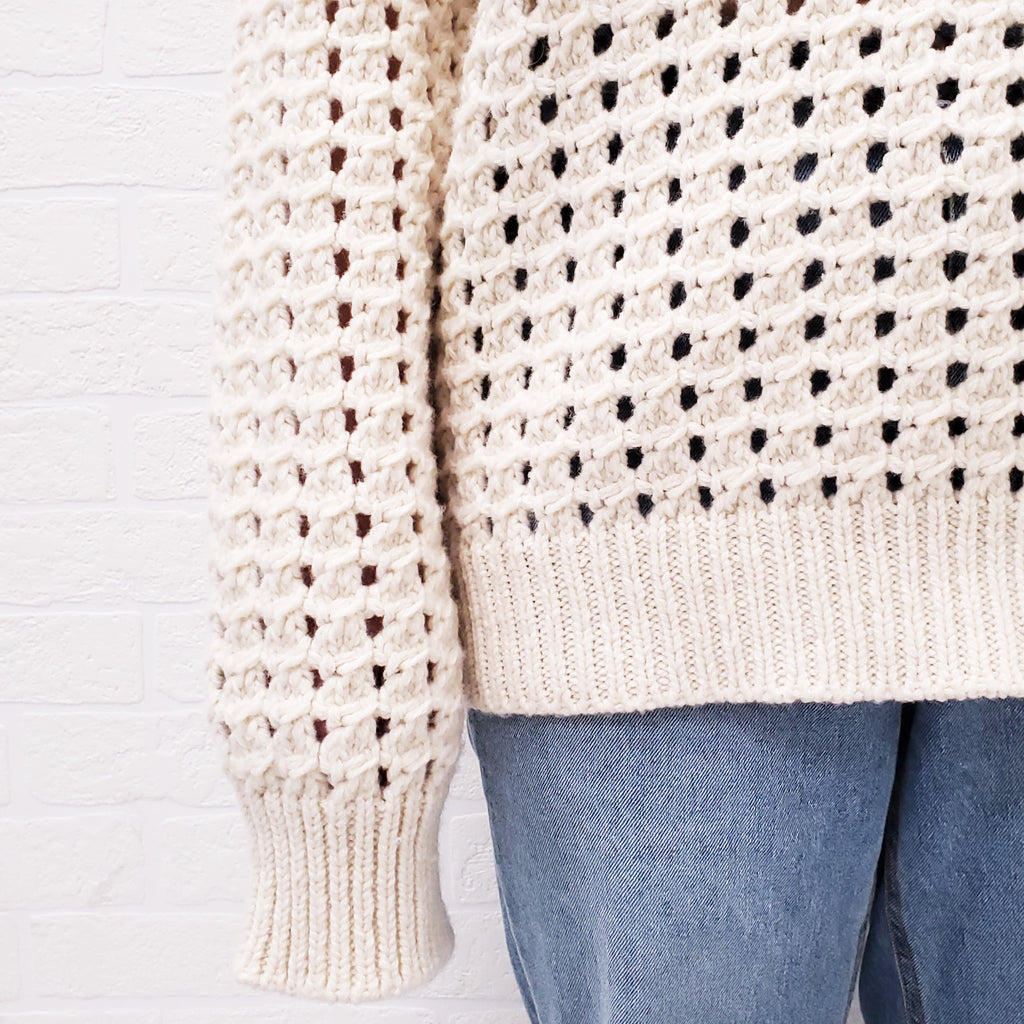 BOTTEGA VENETA CREAM WOOL OPEN CABLE KNIT SWEATER WITH GREEN STITCHING - SIZE M