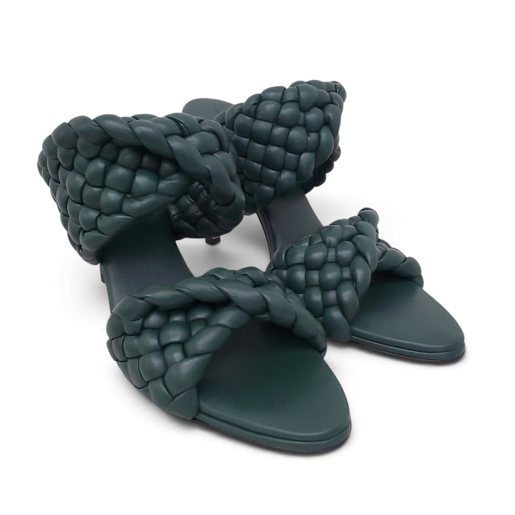 BOTTEGA VENETA FOREST GREEN WOVEN SANDALS - SIZE 40
