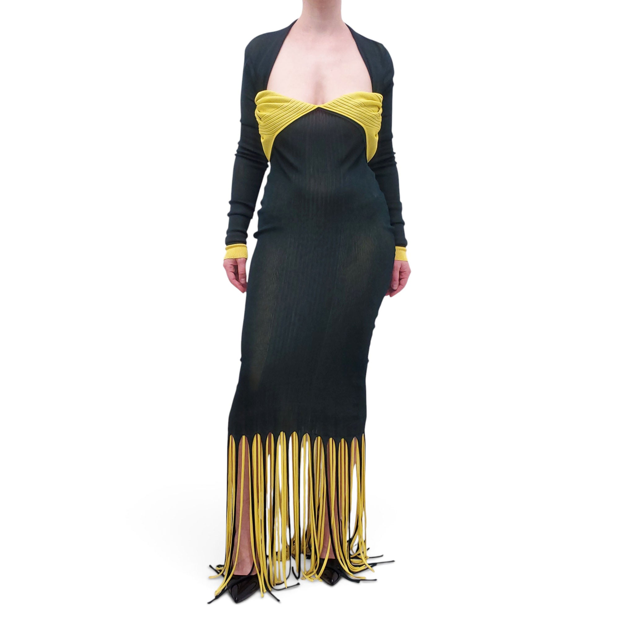 BOTTEGA VENETA GREEN AND YELLOW FRINGE DRESS - SIZE L
