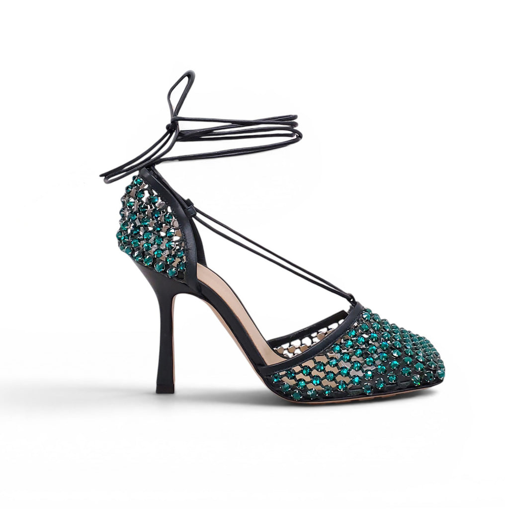 BOTTEGA VENETA GREEN CRYSTAL MESH STRAPPY HEELS - SIZE 37.5