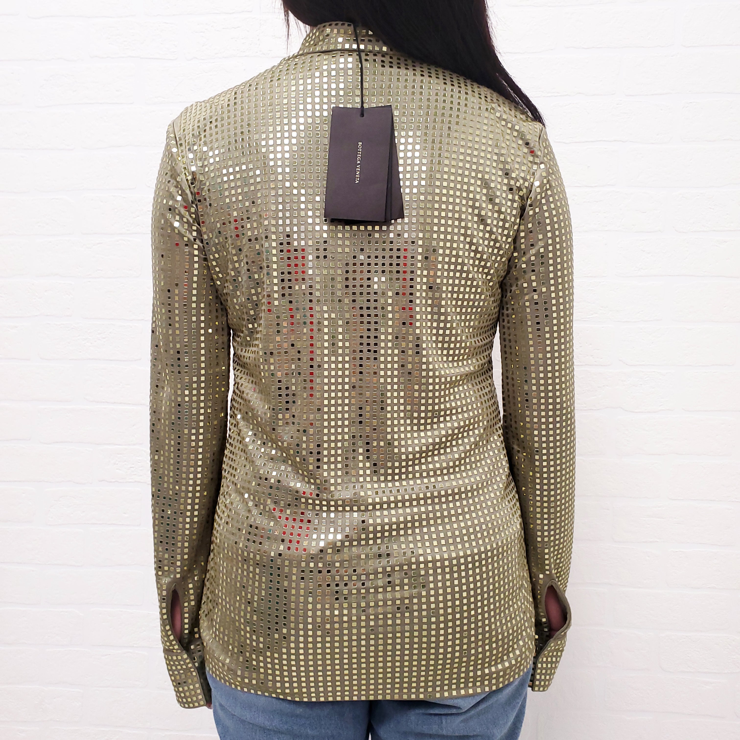 BOTTEGA VENETA GREEN SATIN SEQUIN BLOUSE - SIZE 38