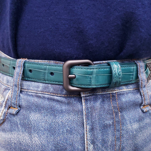 BOTTEGA VENETA GREEN SNAKESKIN BELT WITH SILVER DETAIL - SIZE 65