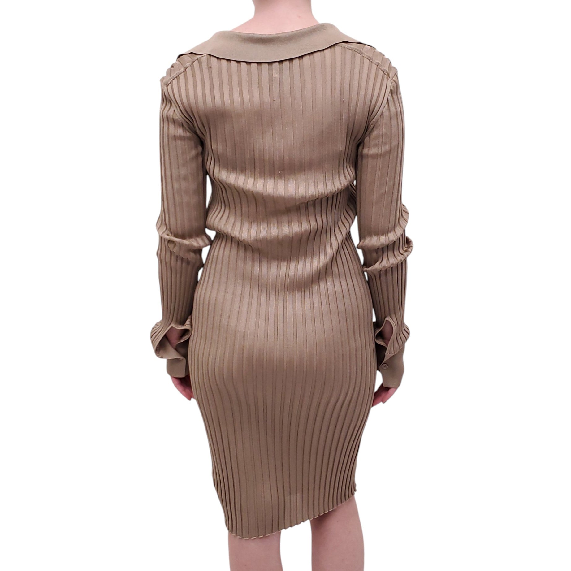 BOTTEGA VENETA KHAKI RIBBED KNIT POLO SCOOP NECK DRESS - SIZE 40