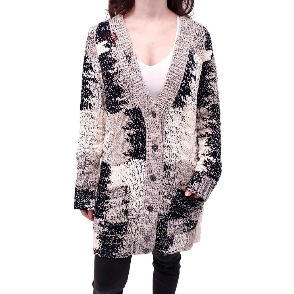 BOTTEGA VENETA KNIT OVERSIZED CARDIGAN WITH GREY TRIM AND EMBROIDERED DETAIL - SIZE 38